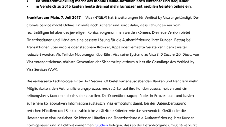 Visa erweitert Verified by Visa Technologie für sicheres und einfaches Bezahlen im Internet
