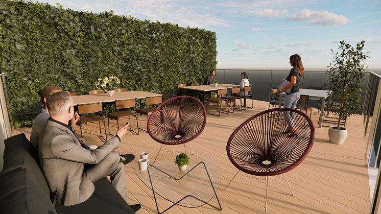 Hyresgästen når den stora takterrassen som ligger i direkt anslutning till deras matsal. Bild: Castellum