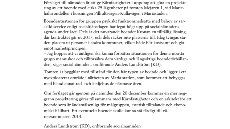 Nytt boende för psykiskt funktionsnedsatta planeras i Mariastaden