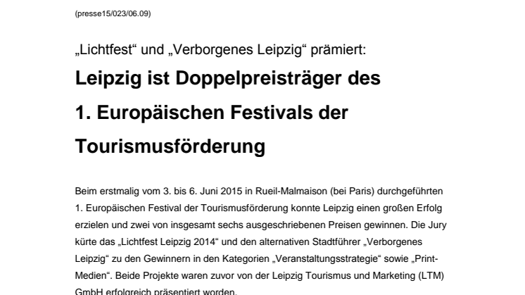 Leipzig ist Doppelpreisträger des  1. Europäischen Festivals der Tourismusförderung 