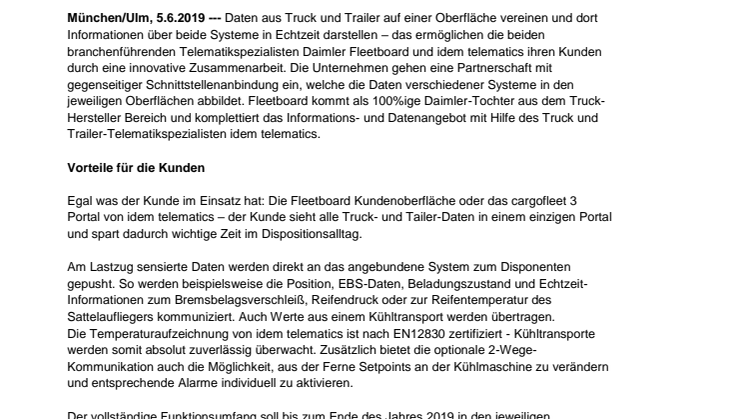 Alle Daten in einer Oberfläche: idem telematics und Daimler Fleetboard kooperieren 