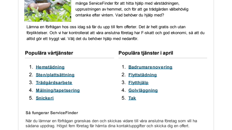 ServiceFinders nyhetsbrev april 2012 - Se vårens populäraste ROT/RUT-tjänster