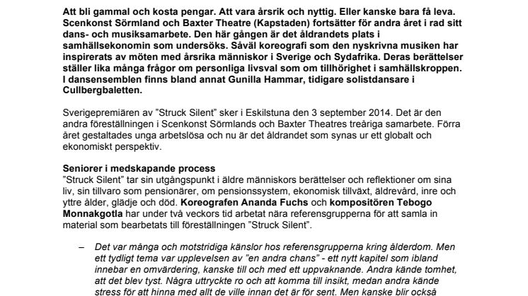 Åldrandet dansas fram i Struck Silent - Scenkonst Sörmland och Baxter Theatre i samarbete