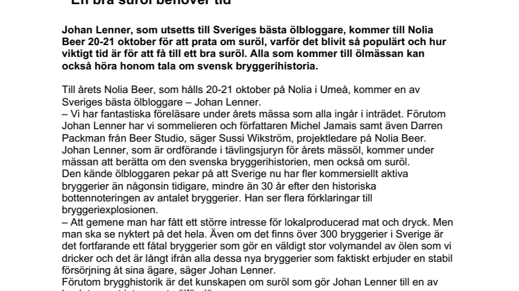 Ölbloggaren Johan Lenner föreläser på Nolia Beer:  ”En bra suröl behöver tid”