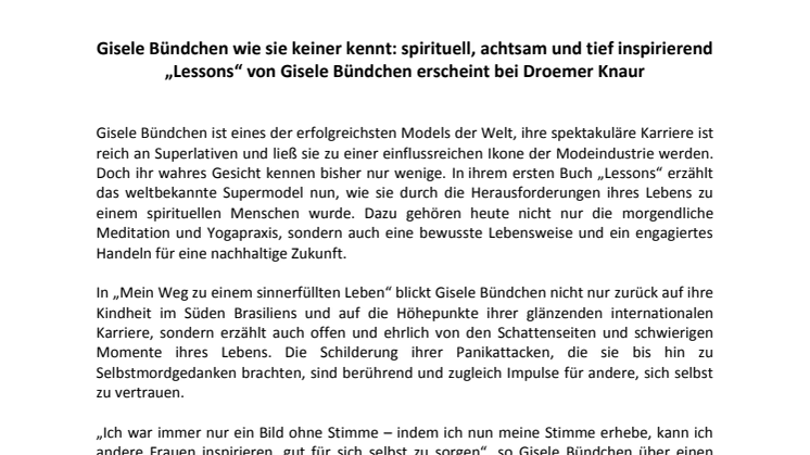Gisele Bündchen wie sie keiner kennt: spirituell, achtsam und tief inspirierend - „Lessons“ von Gisele Bündchen erscheint bei Droemer Knaur