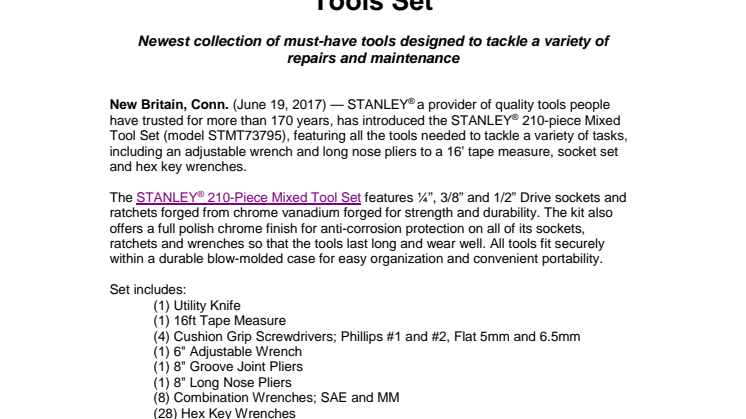 STANLEY® Introduces 210-Piece Mixed Tools Set 