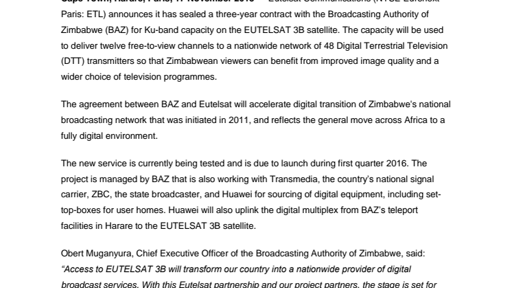 Broadcasting Authority of Zimbabwe chooses Eutelsat to accelerate transition to digital TV