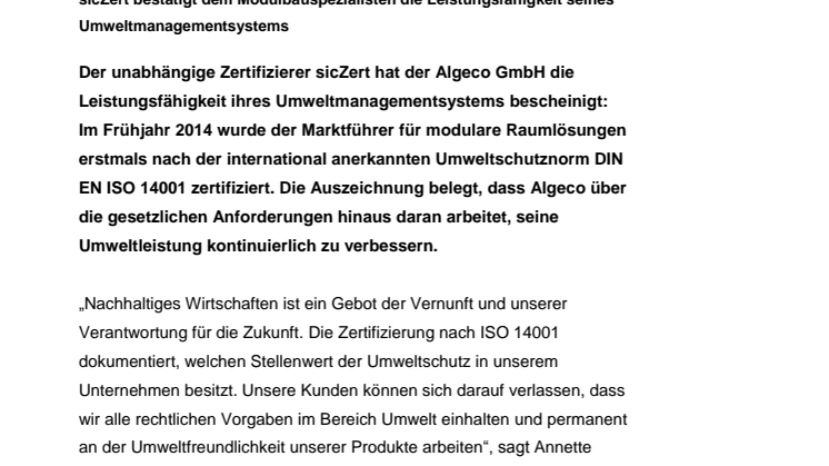 Algeco erfolgreich nach ISO 14001 zertifiziert