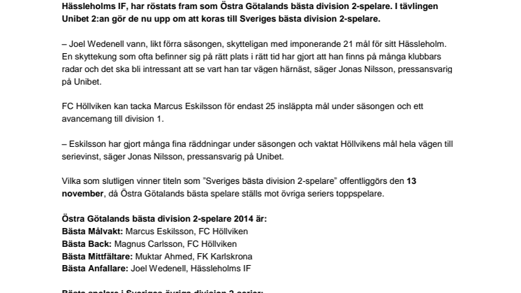 Östra Götalands bästa div 2-spelare utsedda