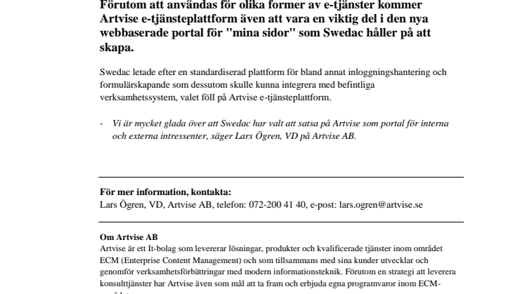 Swedac har valt Artvise som plattform för e-tjänster!