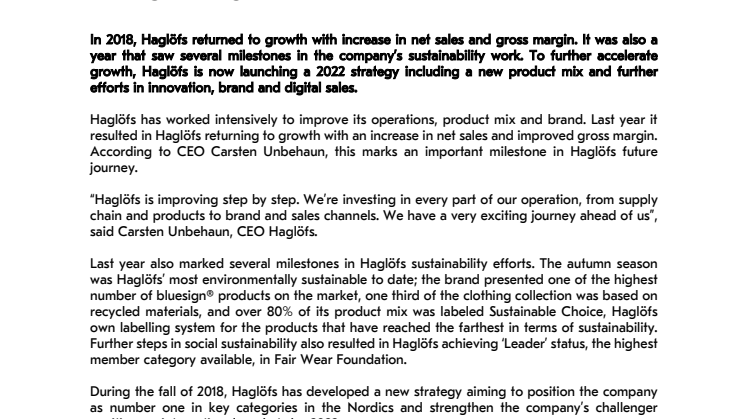HAGLÖFS DELIVERS POSITIVE 2018 AND PRESENTS NEW STRATEGY 