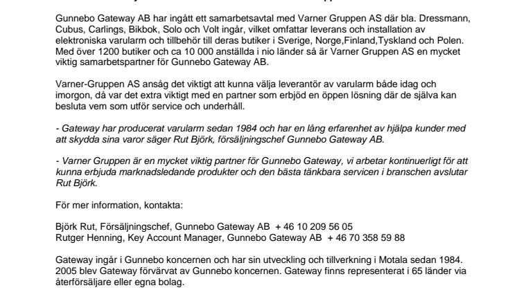 Gunnebo Gateway tecknar samarbetsavtal med Varner-Gruppen AS