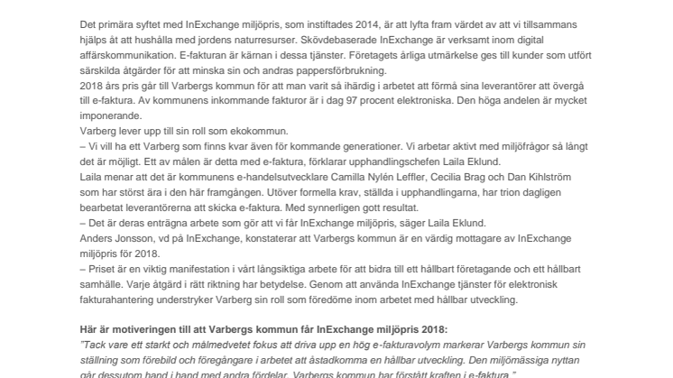 Varbergs kommun får InExchange miljöpris