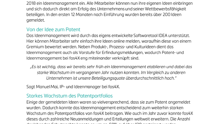 fos4X Ideenmanagement steigert Innovationskraft und baut Patentportfolio weiter aus