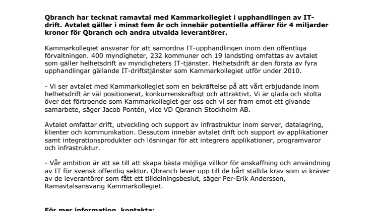 KAMMARKOLLEGIET TECKNAR RAMAVTAL MED QBRANCH