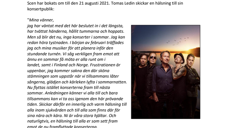 Tomas Ledin flyttar sommarturnén till 2021