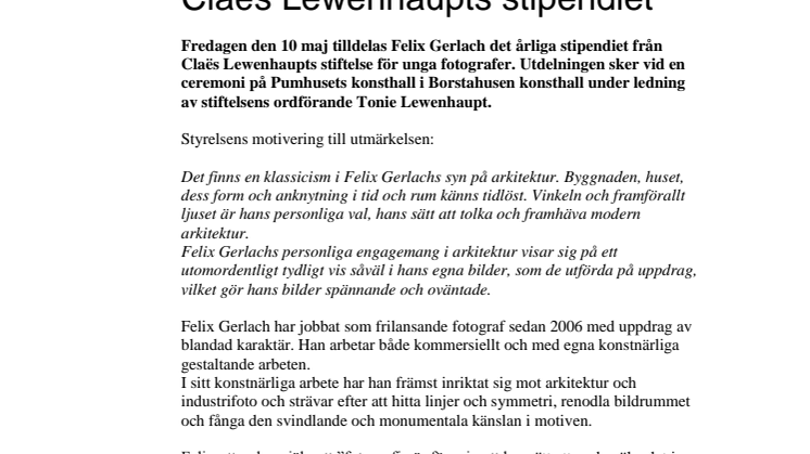 Felix Gerlach tilldelas Claës Lewenhaupts stipendiet