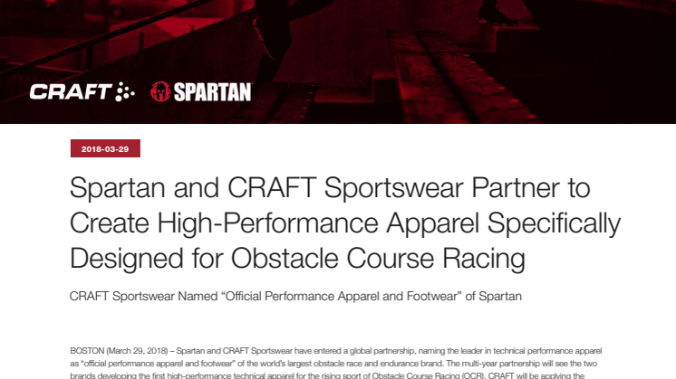 Spartan and CRAFT Sportswear Partner to Create High-Performance Apparel Specifically Designed for Obstacle Course Racing