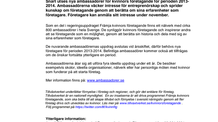 Sökes: Nya ambassadörer för kvinnors företagande