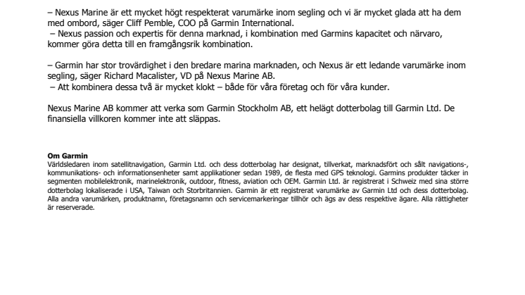 Garmin® förvärvar Nexus® Marine AB, en ledande leverantör av instrumentering för segelbåtar
