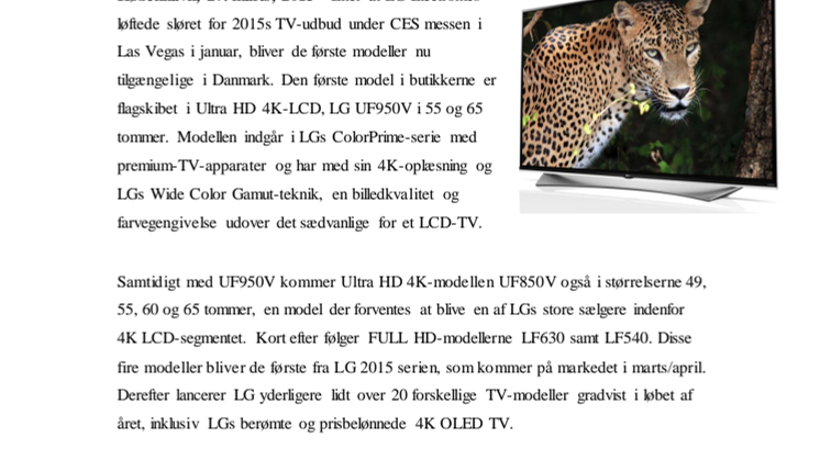 LG INDLEDER TV-ÅRET 2015 MED DEN NYE UF950V – ÅRETS BEDSTE 4K-LCD MED EN FANTASTISK FARVEGENGIVELSE