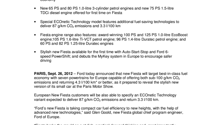 New Ford Fiesta Offers 7 Sub-100 g/km CO2 Powertrains; Stylish New Model is First Ford in Europe to Deliver MyKey
