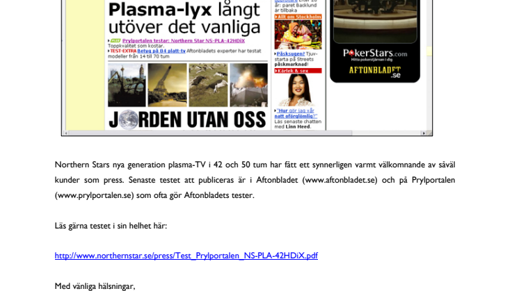 Northern Stars plasma-TV testad i Aftonbladet och Prylportalen