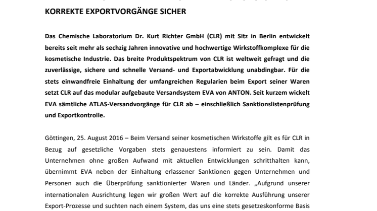 ​UMFASSENDE EXPORTKONTROLLE: CLR VERTRAUT AUF INTELLIGENTES VERSANDSYSTEM EVA VON ANTON