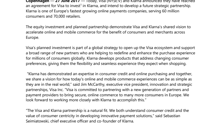 Visa investerar i Klarna och inleder strategiskt partnerskap 