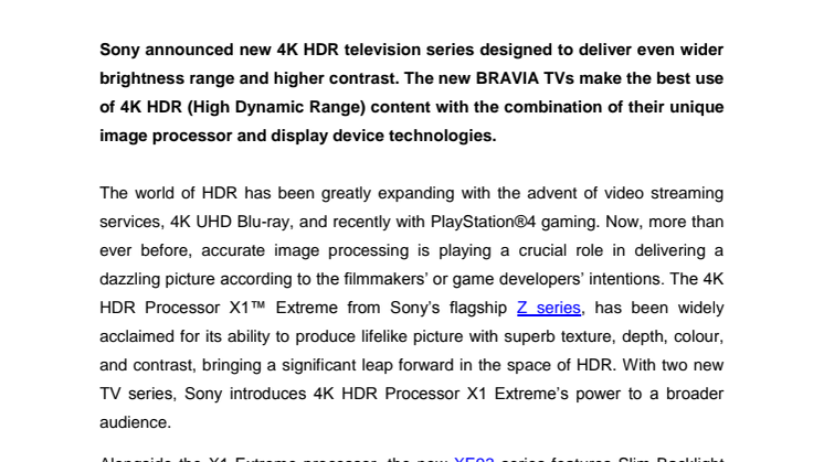 Sony utökar sitt sortiment av 4K HDR-TV:s med nya X- och A-serien