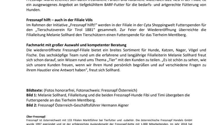 Fressnapf Völs: Wiedereröffnung mit Spende für Tierheim Mentlberg