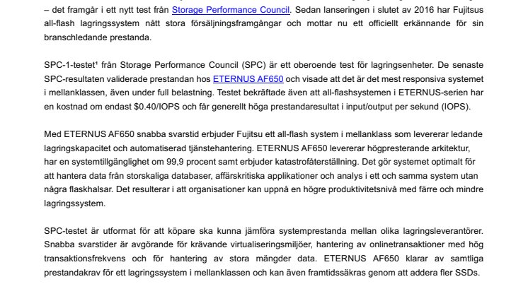 Fujitsus ETERNUS AF650 utses som den snabbaste lagringslösningen i nytt test 