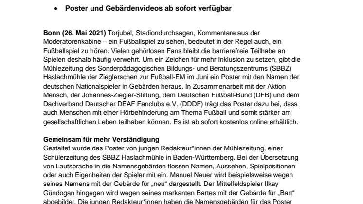 EM 2021 für alle: Poster zeigt Nationalteam in Gebärden - Aktion Mensch und DFB unterstützen inklusiven Fußballgedanken 