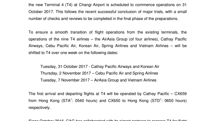 Changi Airport's new Terminal 4 scheduled to commence operations on 31 October 2017