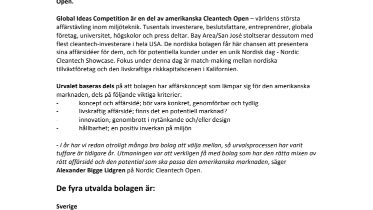 Lovande nordiska miljöteknik-startups till högprofilerad idétävling i Silicon Valley.