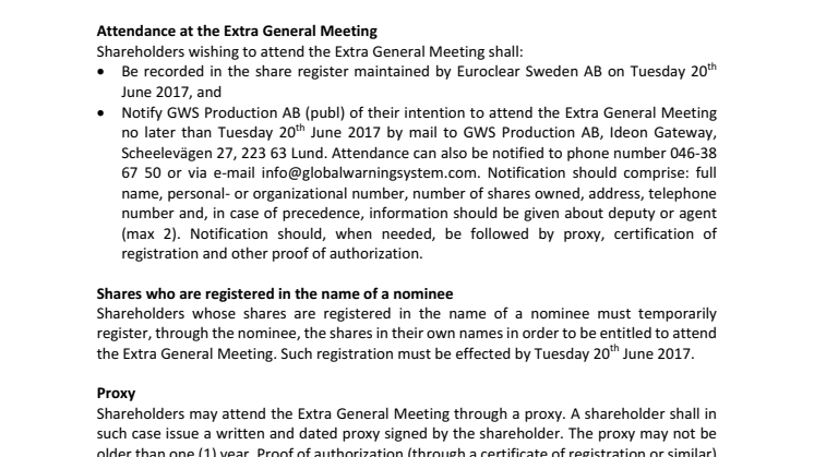  Invitation to an Extra General Meeting of GWS Production AB 