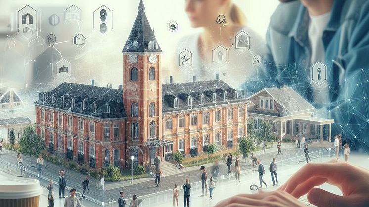 Bilden illustrerar att Kungsbacka kommun arbetar aktivt och strategiskt med AI för att möta stora utmaningar inom offentlig sektor. Bilden är AI-genererad med hjälp av Bing Chat Enterprise för det här ändamålet. 