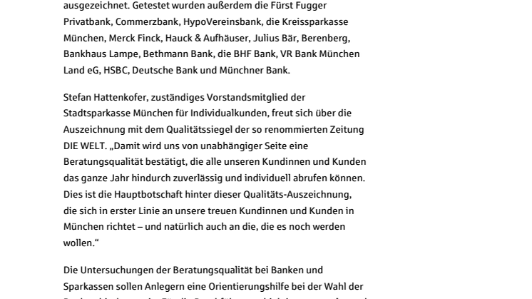 Stadtsparkasse München wurde zum zweiten Mal in Folge für das beste Private Banking in München ausgezeichnet
