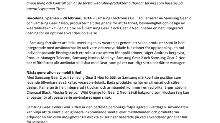 Oöverträffad frihet och design med nästa generations Gear-produkter från Samsung