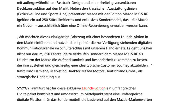 SYZYGY inszeniert digitales Markenerlebnis zum Launch des Mazda MX-5 RF