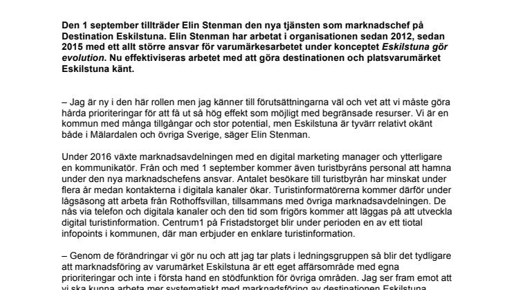 ​Elin Stenman blir marknadschef på Destination Eskilstuna