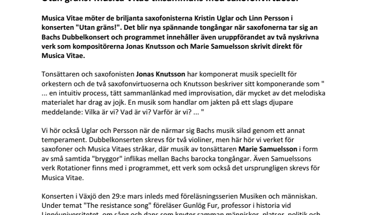 Utan gräns! Musica Vitae tillsammans med saxofonvirtuoser