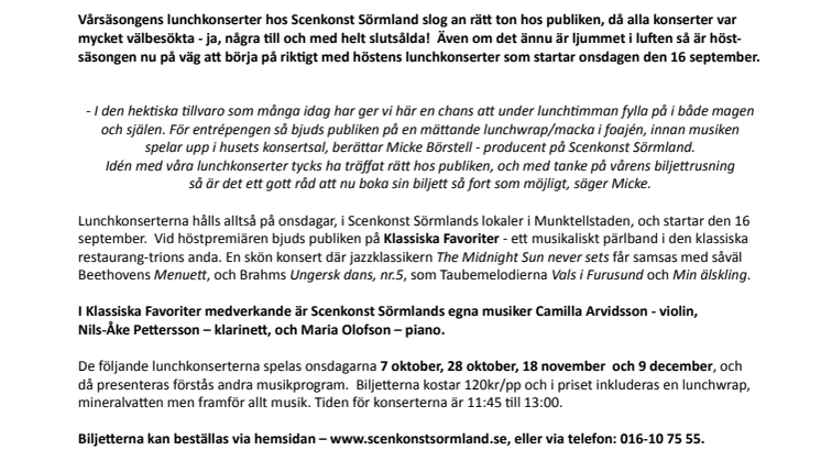 Höstpremiär för Scenkonst Sörmlands lunchkonserter
