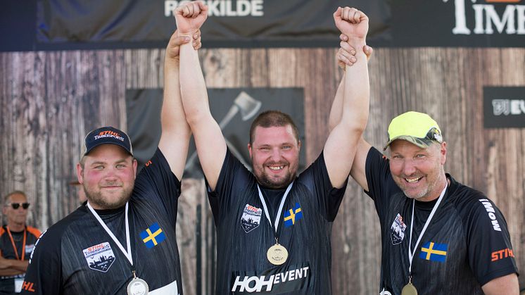 Pontus Skye (i mitten) kommer representera Sverige när VM i Timbersports avgörs den 19–20 oktober i Liverpool på den klassiska Echo Arena. Foto: STIHL Timbersports