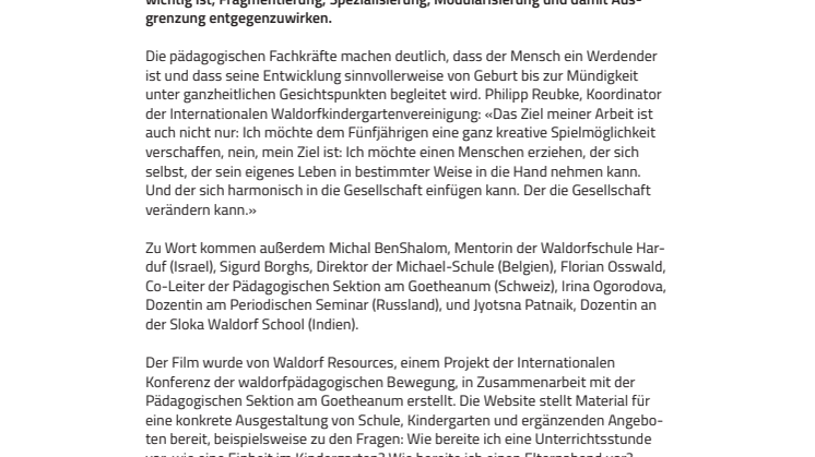 Sein eigenes Leben in die Hand nehmen lernen. ​Film zeigt das Anliegen ‹Schule als Ganzes› der Waldorfschulbewegung