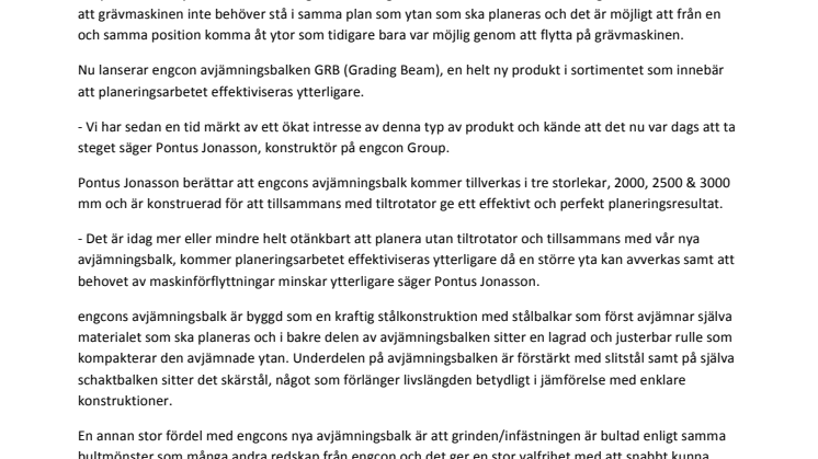 engcon lanserar avjämningsbalk för grävmaskiner