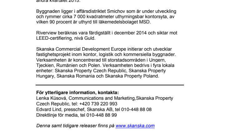 Skanska säljer kontorsprojekt i Prag, Tjeckien, för cirka 184 miljoner kronor