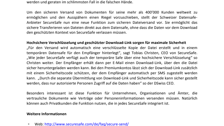Sicherer Datenversand: Schweizer Datensafe SecureSafe schiebt Ausspähprogrammen Riegel vor