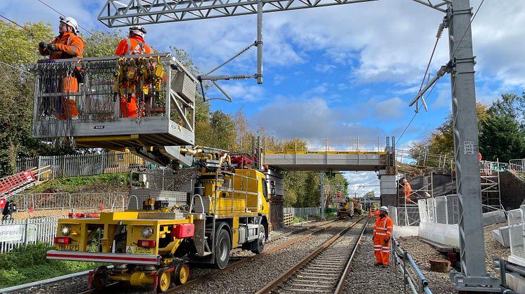 Network Rail engineers carry out wiring work on the Midland Main Line