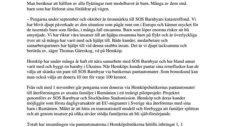Hemköps pant gav halv miljon till SOS Barnbyars katastroffond
